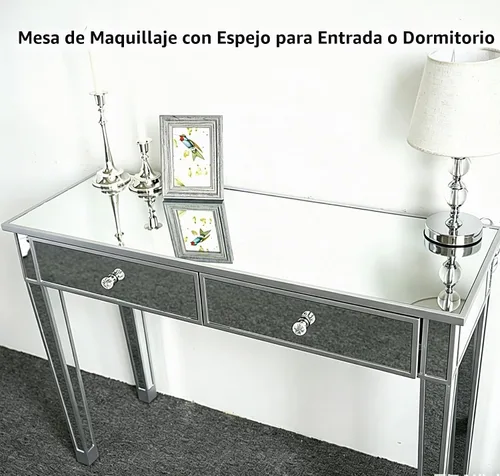 Vista 7 de Henf Mesa de maquillaje con espejo, mesa de tocador con acabado plateado, mesa de consola de 2 cajones para entrada, dormitorio, sala de estar