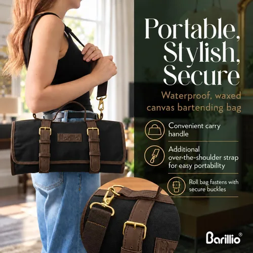 Vista 5 de Barillio Bolsa de barman (sin herramientas) – Elegante lona encerada, bolsa de bar enrollable para transportar herramientas de bar y coctelera