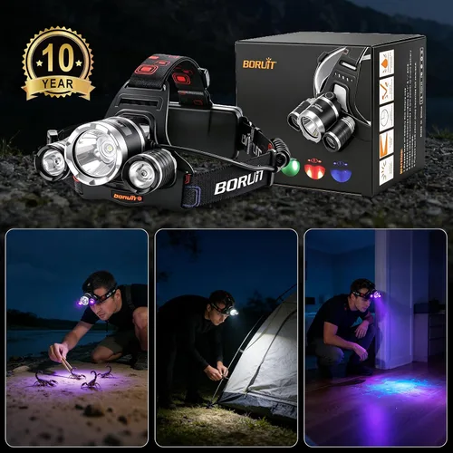 Vista 8 de BORUIT RJ-3000 - Linterna frontal de luz LED negra, 3 modos de luz blanca y UV, lámpara de cabeza de aluminio recargable USB-C súper brillante