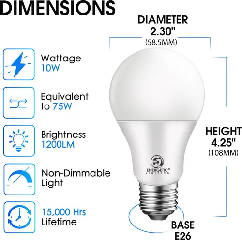 Vista 2 de Energetic - Bombillas A19 equivalentes a 75 vatios, súper brillo, 1200 lm, blanco suave 2700 K, bombilla LED A19 de 10 W, base estándar E26