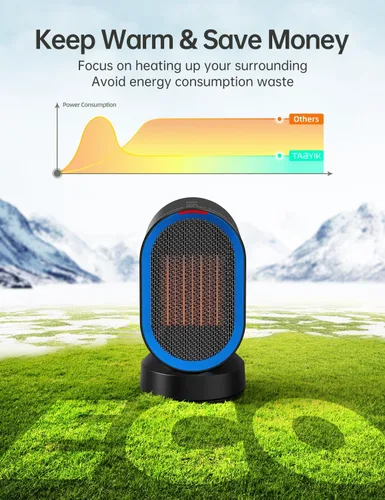 Vista 8 de TABYIK Calentador de espacio eléctrico para uso en interiores, pequeño calentador portátil oscilante de 45°, calentador personal oscilante