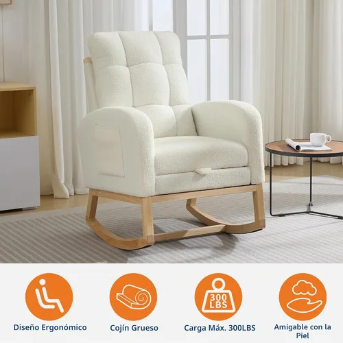 Vista 8 de Garvee Silla mecedora moderna para guardería, cómoda silla mecedora con bolsillo lateral y reposapiés, respaldo alto reclinable para sala