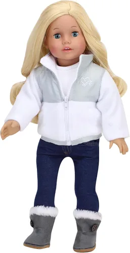 Vista 2 de Sophia's Chaqueta de forro polar blanco de 18 pulgadas con cremallera y botas grises de gamuza sintética con forro de piel sintética