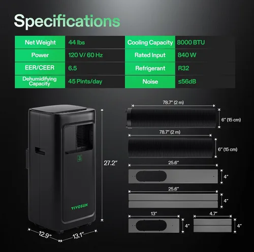 Vista 7 de VIVOSUN AeroLush C08 - Aire acondicionado inteligente, 8000BTU, función 4 en 1, con sonda de sensor de temperatura y humedad, control remoto