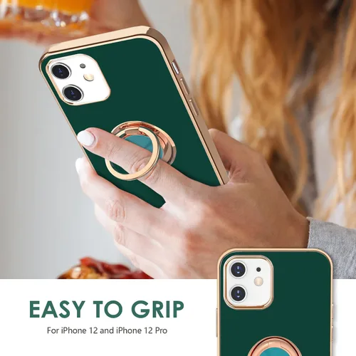 Vista 2 de Hython Funda para iPhone 12 Case e iPhone 12 Pro Case con Soporte de Anillo, Soporte de Anillo Giratorio de 360° Kickstand Magnético, Borde Chapado