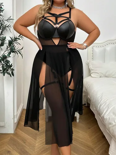 Vista 4 de Floerns Vestido de lencería de malla largo sin mangas con encaje sexy para mujer, talla grande