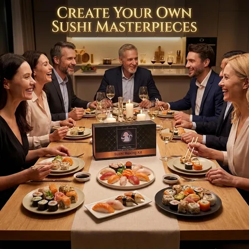 Vista 2 de Kit de fabricación de sushi de mono albino con bazuca, tapete de bambú y curso de sushi gratis Cuchillo Pro Sashimi, molde Nigiri y 5 pares