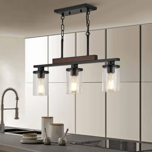 Vista 6 de Lámpara de Isla de Madera para Cocina/Restaurante, Accesorio de Comedor Estilo Granja de 3 Luces/Candelabro Sobre Mesa/Bar, Accesorios