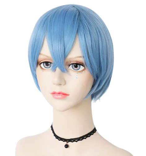 Vista 5 de Anogol Gorro de pelo + peluca Nagisa Shiota Cosplay azul peluca con colas de caballo dobles peluca corta azul anime peluca para hombres, mujeres