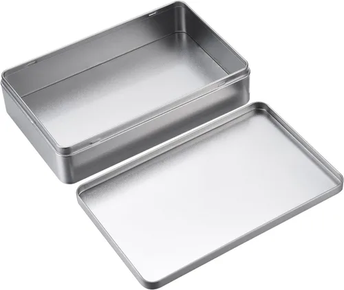 Vista 5 de Hotop 1 paquete de cajas de lata vacías rectangulares plateadas de 8.5 por 5.3 por 1.9 pulgadas, regalo, joyería y kit de lata de almacenamiento