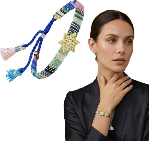 Vista 2 de Alef Bet by Paula Pulsera de la amistad de macramé en tonos azules con dije de estrella judía de David chapada en oro Plateado