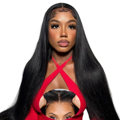 Vista 10 de Mengkai Pelucas de 28 pulgadas de encaje frontal liso de cabello humano, sin pegamento, prearrancadas con cabello de bebé, 13x4 de oreja a oreja