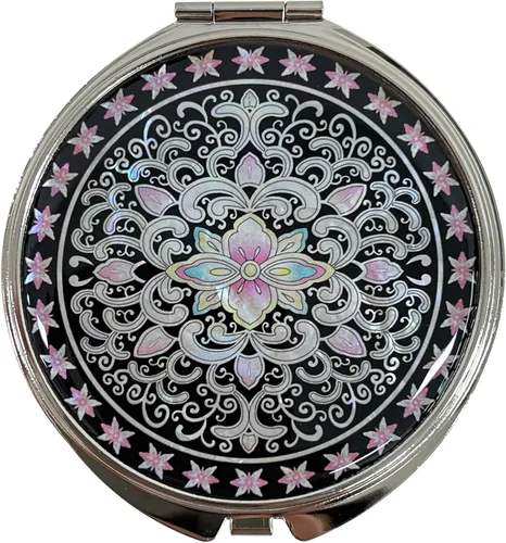 Vista 6 de Espejo de doble aumento compacto para maquillaje portátil, estilo cosmético, plegable, de bolsillo, diseño único de madreperla (flor de almendra)