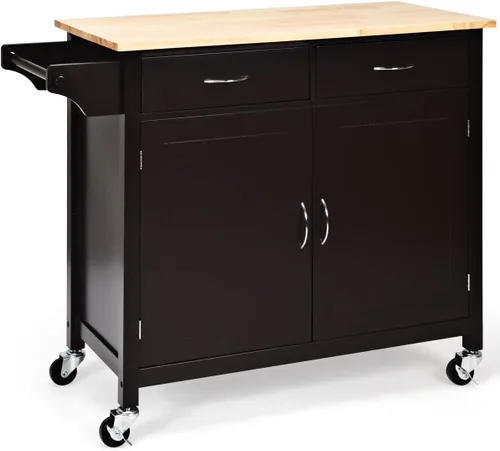 Vista 9 de Giantex Isla de cocina, carrito de cocina rodante, encimera de madera, carrito de servicio utilitario con armario de almacenamiento y 2 toalleros