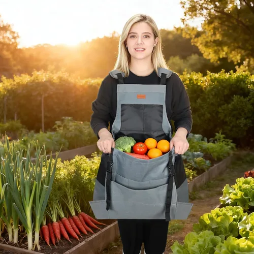 Vista 8 de Delantal de cosecha de jardín, delantal de jardinería con bolsillo inferior de liberación para mujeres y hombres, regalo de jardinería
