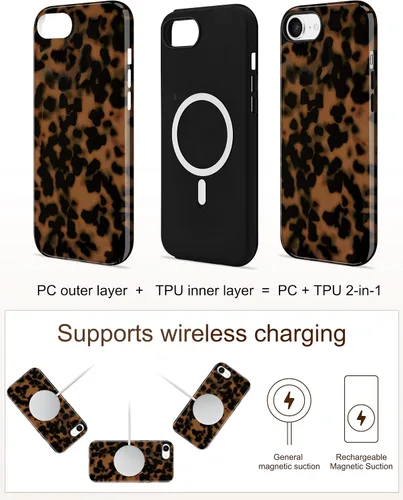 Vista 4 de Jusy Compatible con MagSafe Brown Tortoise Shell Print Phone Case para iPhone 7/8/SE, funda protectora magnética de lujo de TPU suave