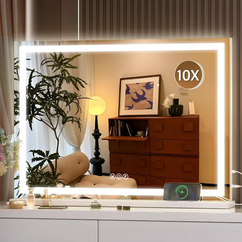 Vista 46 de Hasipu Espejo de tocador con luces, espejo LED de maquillaje de 31.5 x 22 pulgadas, espejo de maquillaje iluminado con 3 modos regulables, espejo