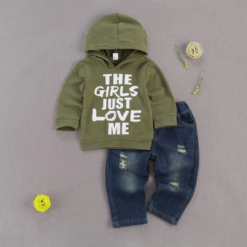 Vista 2 de fhutpw Conjunto de ropa con capucha y pantalones de mezclilla para bebé, para otoño, invierno, 6, 9, 12, 18, 24 meses