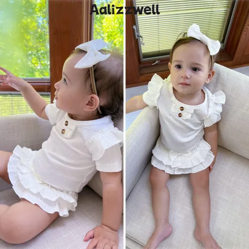 Vista 31 de Aalizzwell Body de manga corta para bebé niña con pantalones cortos acanalados