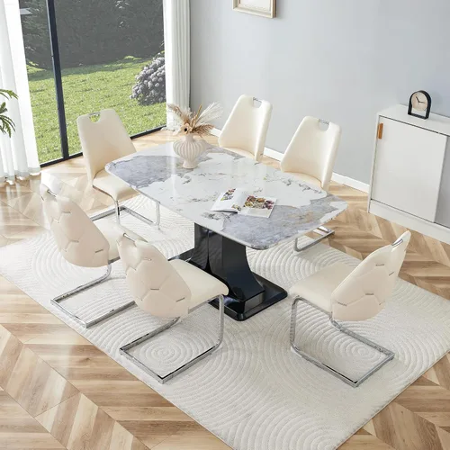 Vista 11 de Juego de mesa de comedor moderno para 4, juego de sillas de mesa de cocina de mármol sintético, mesa rectangular de MDF de 63 pulgadas, sillas Negro