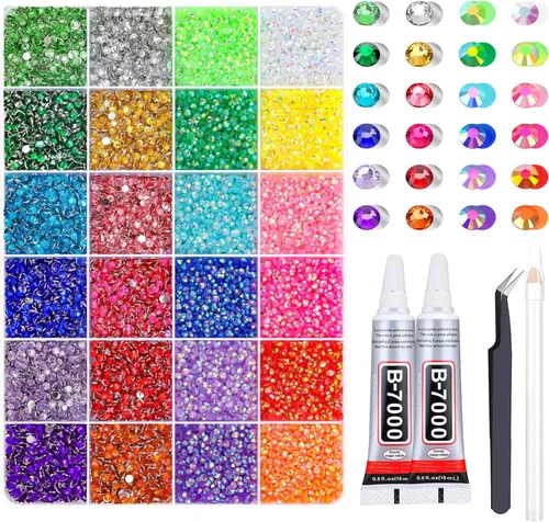 Vista 28 de 27000PCs Resin Rhinestones Kit, 2-6mm Crystal Diamond Gems with Picker Pencil, Tweezer & 2 Glue Bottles, Flatback Rhinestone Set for Diamond