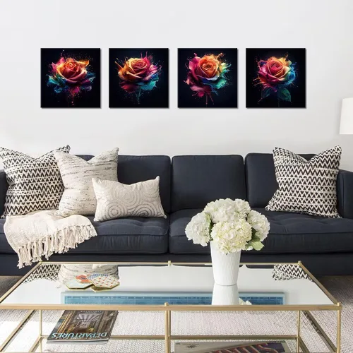 Vista 87 de Wall HDQ Arte de pared de flores para baño, dormitorio, sala de estar, decoración de pared azul y naranja, pintura floral, lienzo impreso, imagen