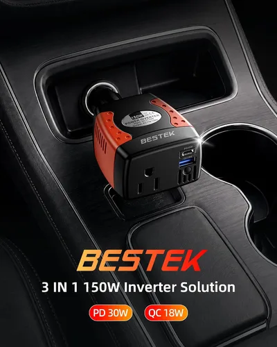 Vista 2 de BESTEK Inversor de corriente de 150 W, convertidor de voltaje de 12 V a 110 V, cargador de coche, adaptador de corriente con puertos de carga USB