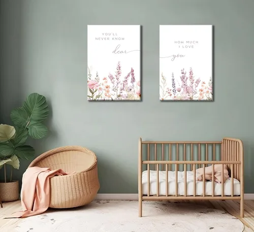 Vista 4 de 2 piezas de lienzo de flores silvestres para guardería, arte de pared, frases botánicas, pinturas bohemias para guardería, habitación de bebé