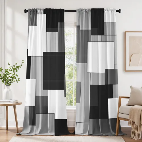 Vista 13 de Cortinas negras y grises para sala de estar, 63 pulgadas de largo, cortinas geométricas modernas, negras, blancas, grises, abstractas, con bolsillo