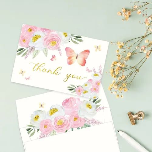 Vista 5 de Gooji Tarjetas de agradecimiento florales de color rosa mariposa 4 x 6 con sobres a granel (paquete de 20 sobres a juego), acuarela, fiesta