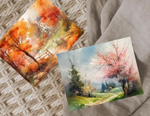 Vista 5 de 6 Watercolor All-Season Notecards Collection. Palette of Seasons: Journey Thru the Ever-Changing Beauty of Nature with Handcrafted Cards. Envelopes