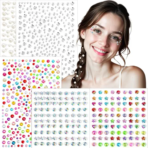 Vista 8 de 1600 piezas de gemas faciales autoadhesivas de 3/4/5/6 mm para mujeres, gemas para el cabello, joyas faciales, diamantes, purpurina facial