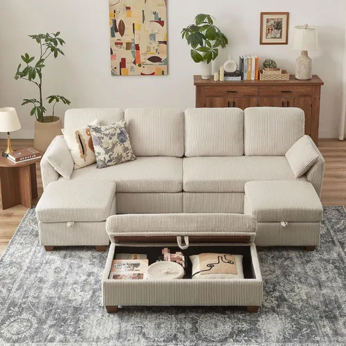 Vista 2 de Sofá en forma de U de 102.3 pulgadas con 2 otomanas móviles y 1 mesa auxiliar, se convierte en sofá cama, incluye 2 almohadas para reposabrazos