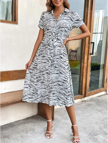Vista 4 de BROVAVE Vestido camisero de manga corta de verano para mujer, con lazo en la cintura, botones, textura de animales, vestido midi casual