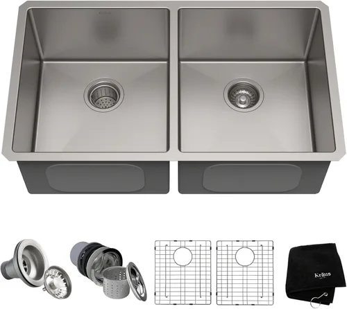 Vista 19 de Kraus Fregaderos de cocina de montaje inferior, fregadero de cocina de acero inoxidable de 32 pulgadas, cuenco doble 60/40, calibre 16