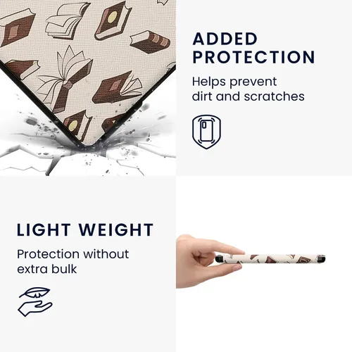 Vista 4 de kwmobile Funda compatible con Amazon Kindle Paperwhite 11. Generación 2021 - Funda para lector electrónico - Libros y páginas Beige/Marrón/Dorado