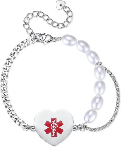 Vista 10 de Pulsera de alerta médica para mujer, ajustable, acero inoxidable, dije de corazón, joyería médica
