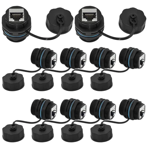 Vista 10 de 5 unids Panel de montaje blindado RJ45 impermeable Cat5/5e/6 8P8C conector Ethernet LAN Cable adaptador de doble cabeza con impermeable/tapa