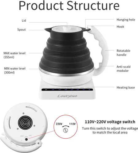 Vista 7 de Hervidor eléctrico plegable de silicona de grado alimenticio ultrafino con control de temperatura variable con doble voltaje, apagado automático