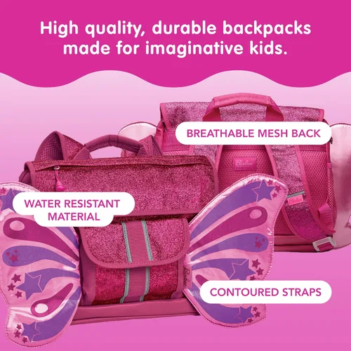 Vista 4 de Bixbee Mochila para niños pequeños con alas Edades de 3 a 5 Guardería, preescolar y primaria para niños, rubí frambuesa (Ruby Raspberry), S