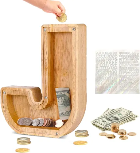 Vista 23 de Alcancía de Madera Personalizada con Letras del Alfabeto, Banco de Monedas con Letras del Alfabeto para Niños, Niñas y Bebés, Tamaño Grande, 26