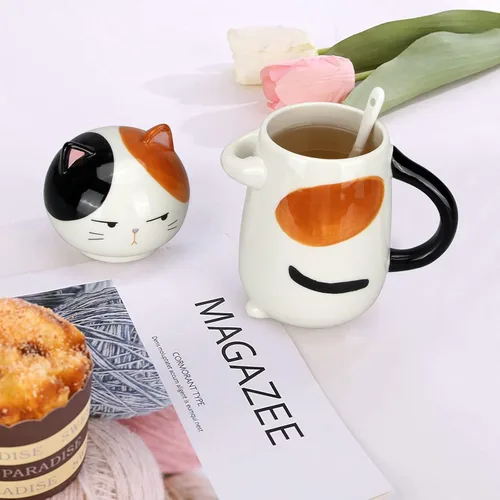 Vista 3 de Taza de café grande y bonita de cerámica con tapa y cuchara, divertida taza de gato para mujeres y damas, tazas de café Kawaii 3D únicas de gato