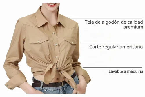 Vista 4 de PASHARTUK Camisas occidentales para mujer, camisas de manga larga de algodón para mujer con botones a presión, camisas a cuadros para mujer Beige