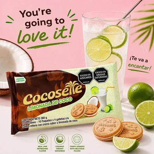 Vista 4 de Galletas sándwich rellenas de crema de coco y lima, paquete de 2, edición limitada, sabor limonada de coco, 20 paquetes individuales de bocadillos