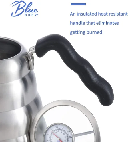 Vista 6 de Blue Brew Estufa de cuello de cisne, tetera con termómetro, cafetera de 40 onzas para café y té, hervidor de café de acero inoxidable, compatible