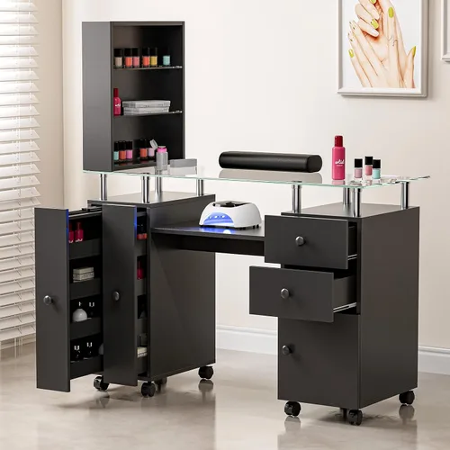 Vista 2 de Mesa de manicura con parte superior de vidrio para tecnología de uñas, estación de escritorio resistente a acetona con cajones de almacenamiento