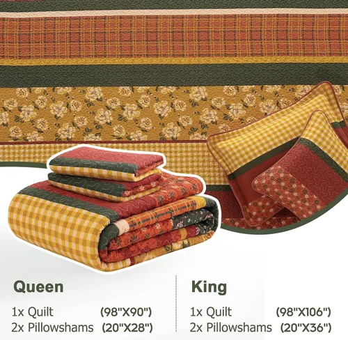 Vista 5 de Finlonte Juego de edredón de otoño Queen – Colcha de 100% algodón de granja tamaño Queen, colcha acolchada a rayas florales, edredón ligero
