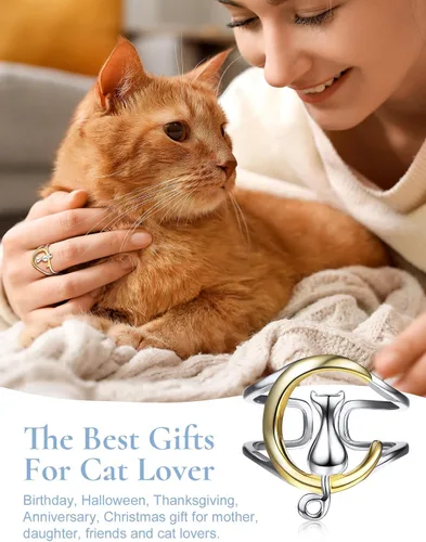 Vista 5 de SILVERCUTE Women Cat Ring 925 Sterling Silver 18K Gold Plated Cat on The Moon Cute Wrap Ring Adjustable