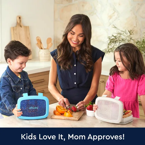 Vista 5 de Bentgo® Lonchera infantil de 5 compartimentos con mochila 2 en 1 para niños y bolsa de almuerzo aislada (edición confeti - azul abismo)