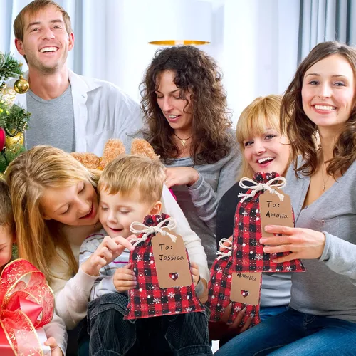 Vista 5 de Shappy 48 bolsas de Navidad con cordón, bolsas de dulces de arpillera a cuadros búfalo de Navidad, saco de golosinas de lino, obsequio para fiestas